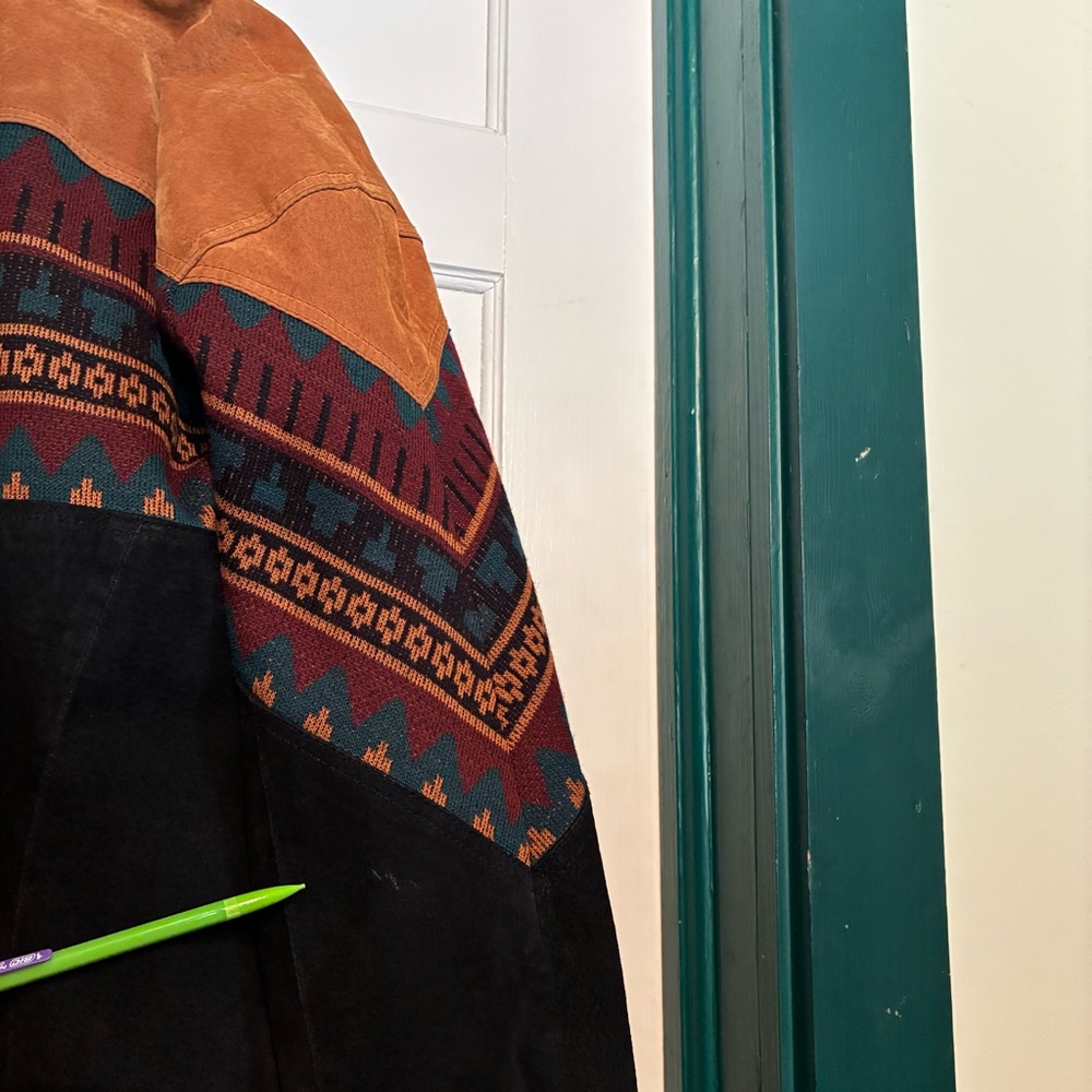 Vintage Aztec Color block Suede Jacket USA Faux Sherpa Trim Rancher *DISTRESSED - Picture 11 of 16
